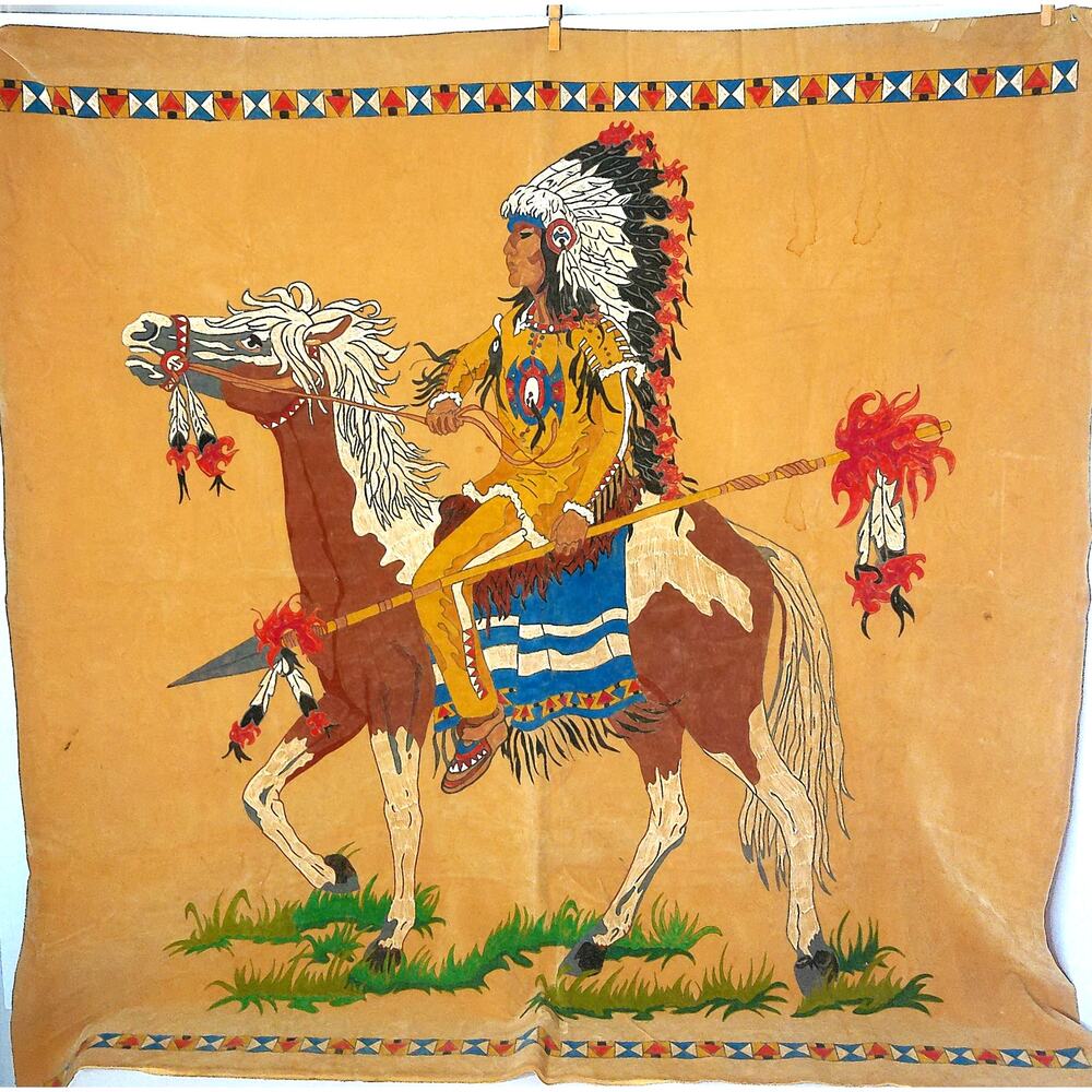 Vtg Native American Theme Indian Chief Warrior Horseback Painted Felt Wall Art - Picture 12 of 12